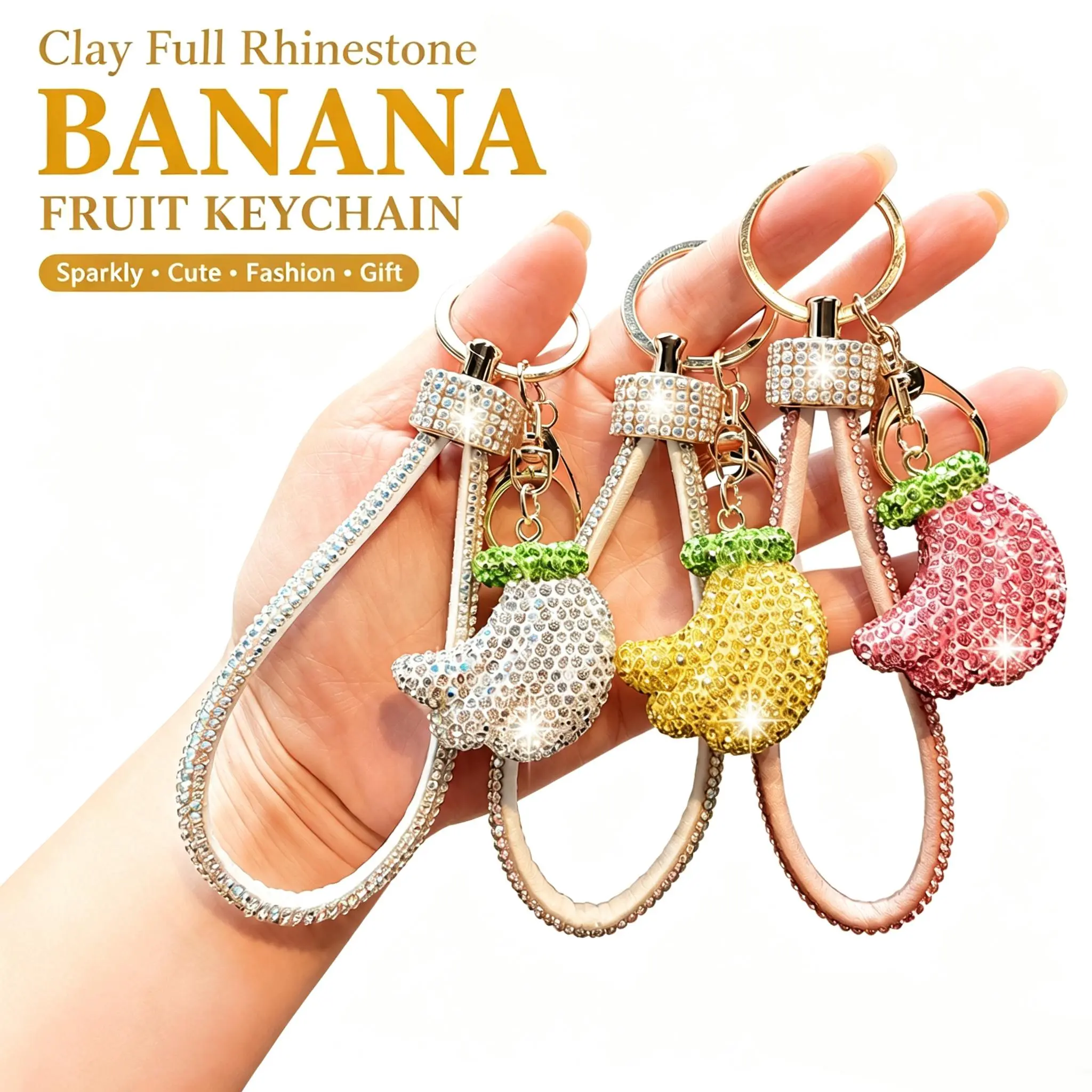 Clay Full Rhinestone Banana Fruit Keychain, Sparkly Crystal Bling Car Key Chain, Cute Fruit Shape Bag Charm Pendant Fashion Accessories Gift for Women Girls