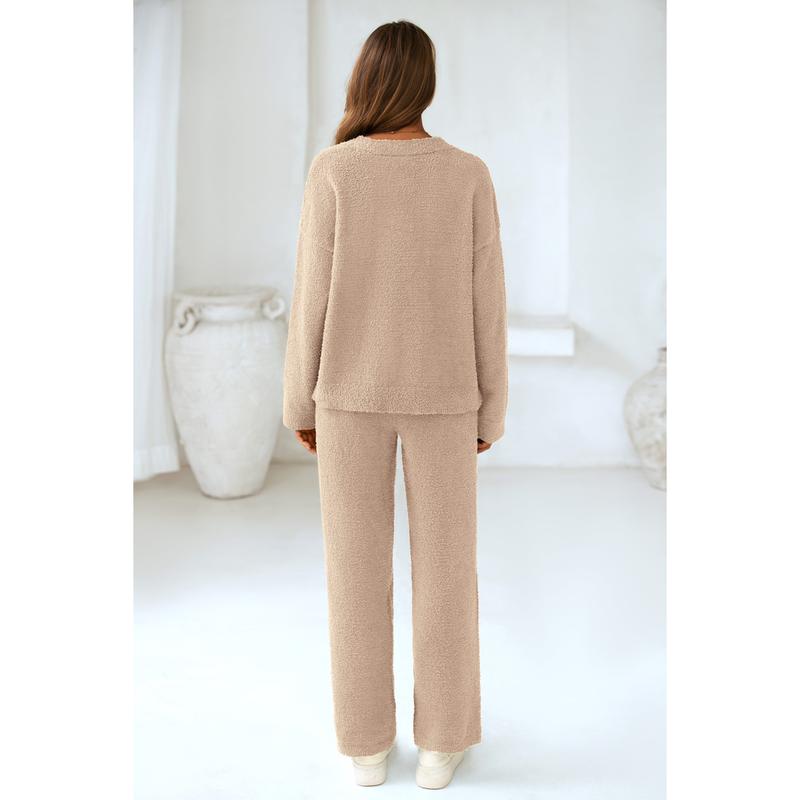 PRETTYGARDEN Women's 2-Piece Lounge Set Soft Chunky V Neck Tops & Wide Leg Long Pants Basic Tracksuit Loungewear Minimalist Homewear Pajama