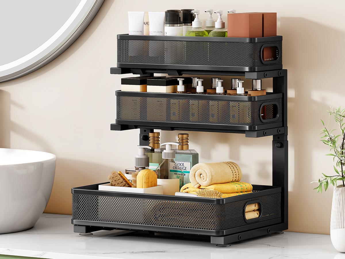 Kitstorack Under Sink Organizer, 2-Pack 3-Tier Height Adjustable Thickened Metal Pull out Cabinet Organizer Shelf, Slide out Storage Drawer Rack for Bathroom Kitchen Pantry Home Laundry Organization