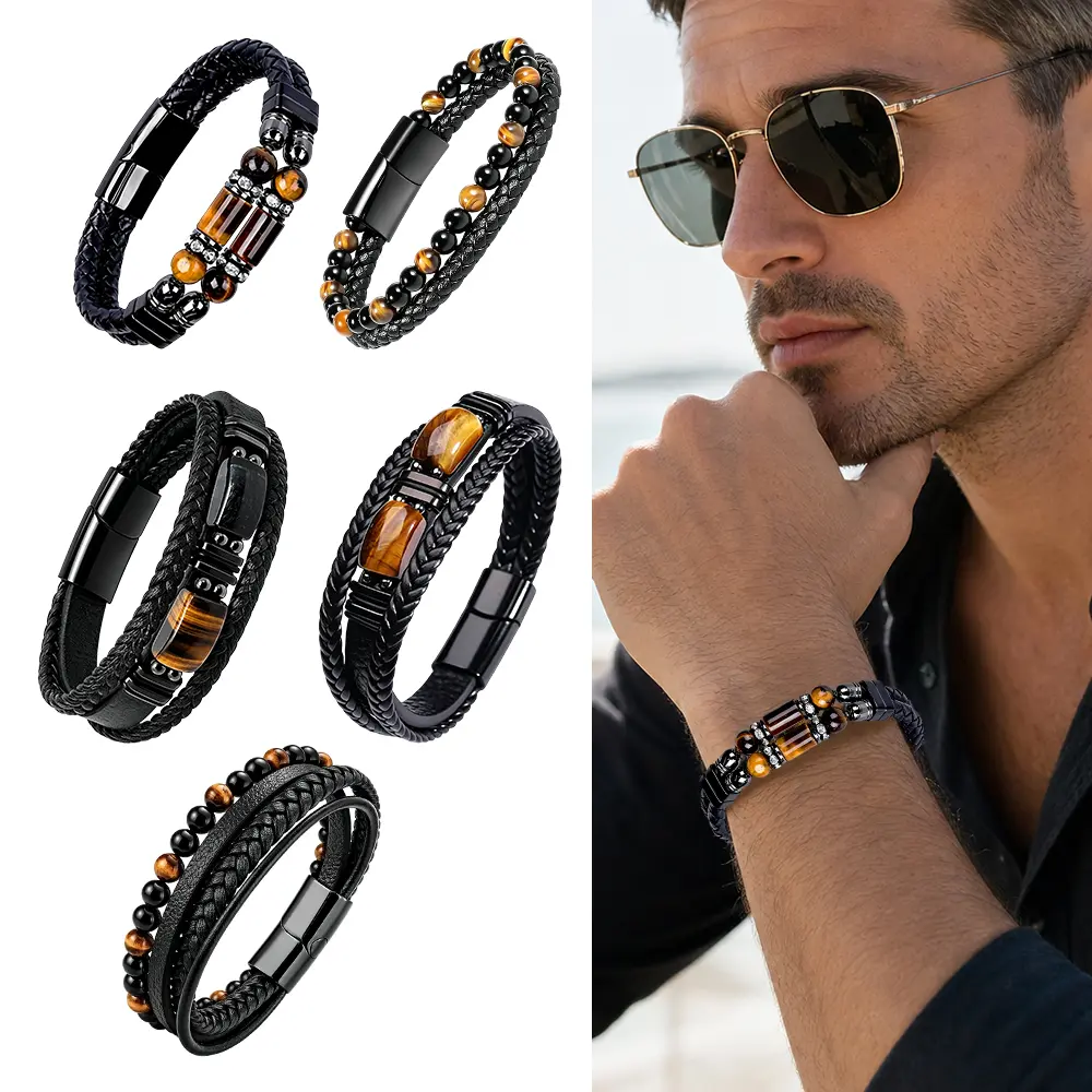 5 PCS Men's Handmade Natural Yellow Tiger Eye Stone & Black Leather Cord Bracelet - Double Layer Woven Steel Bangle, Summer Gift for Casual or Special Occasions