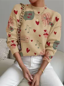 Women's Heart Letter Print Stand Collar Sweater, Casual Long Sleeve Knitwear for Fall Winter, Comfortable Warm Daily Wear