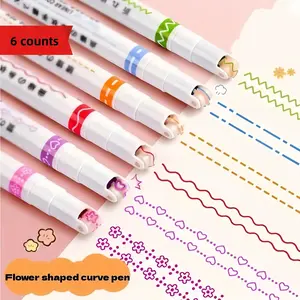 Set of 6 Flower Shape Pens, Different Curved Lines, Cute Wave Design Fluorescent Markers, Perfect for Notes and Color Coding, Stationery Essentials, Art Markers