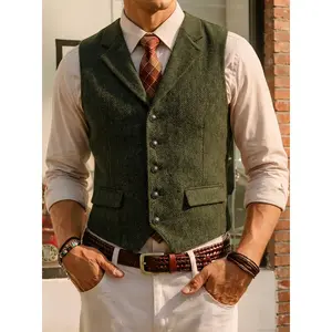 Men's Herringbone Tweed Suit Vest Casual Wool Blend Waistcoat Cowboy Menswear