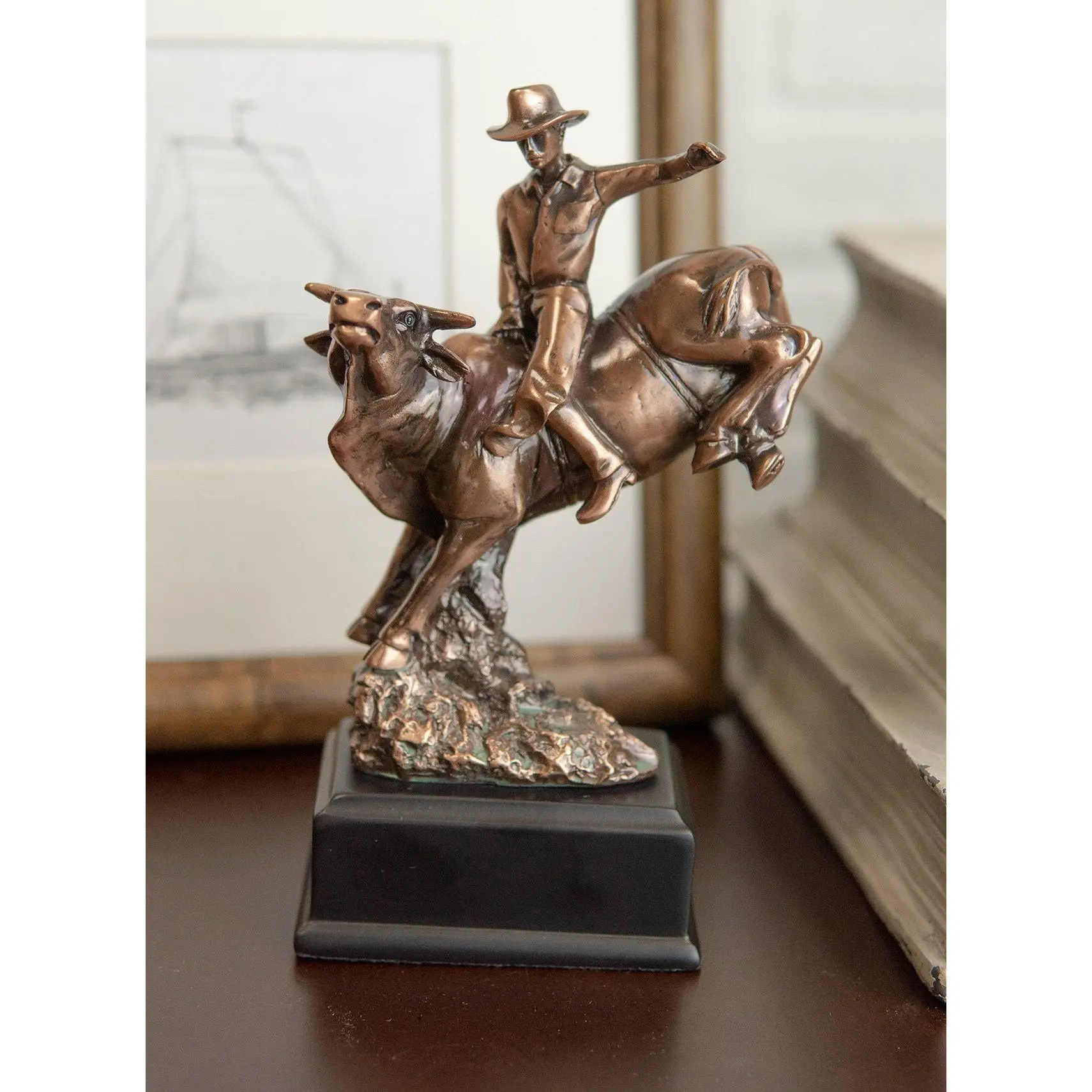 Ebros Rustic Wild West Rodeo Cowboy With Angry Bull Action Bronze Electroplated Sculpture, Home Decoration For Room, Home Supplies Figurine, Bronze Finish