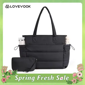 LOVEVOOK Tote Bag for Women with Giant Tumbler Holder Pocket, Puffer Work Travel Laptop Handbag with Zipper for Nurse Teacher SpringStatements