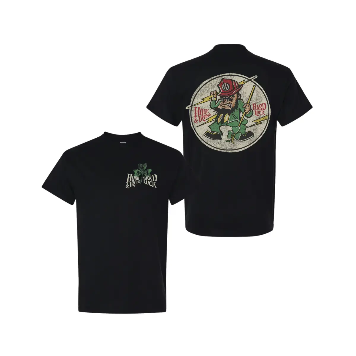 Men's & Women's Casual Round Neck Short-Sleeve Tops - 2-Side Vintage Graphic Tee with Irish Shamrock, Firefighter Leprechaun Design, Gift for Firefighter Lifestyle Fans