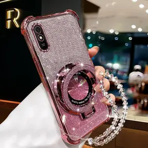 Redmi 9A Girls Series Fashion Strap Lanyard Phone Holder Case For Compatible With Xiaomi Redmi 9A PC Cover and Impact Resistant Glittery with Crystal Style Chain Protector Cases
