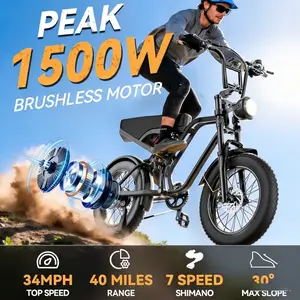 Electric Bike for Adults 1500W Peak Brushless Motor 35MPH 48V 15Ah Battery 20" Fat Tire Off-Road E-Bike with Long Range All-Terrain Performance