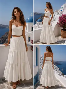 Women's 2-Piece Skirt Set for Summer, Spaghetti Strap Crop Top & Tiered Maxi Skirt, Perfect for Beach Vacations, Stylish Matching, Chic