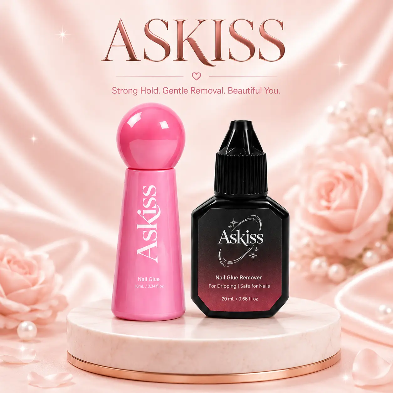 ASKISS Nail Glue (10ml) and Remover (20ml) and 30 nail tips - Strong Adhesive for Acrylic Tips & Fake Nails, 10s Quick Dry, No UV Lamp, Professional DIY Manicure Essentials