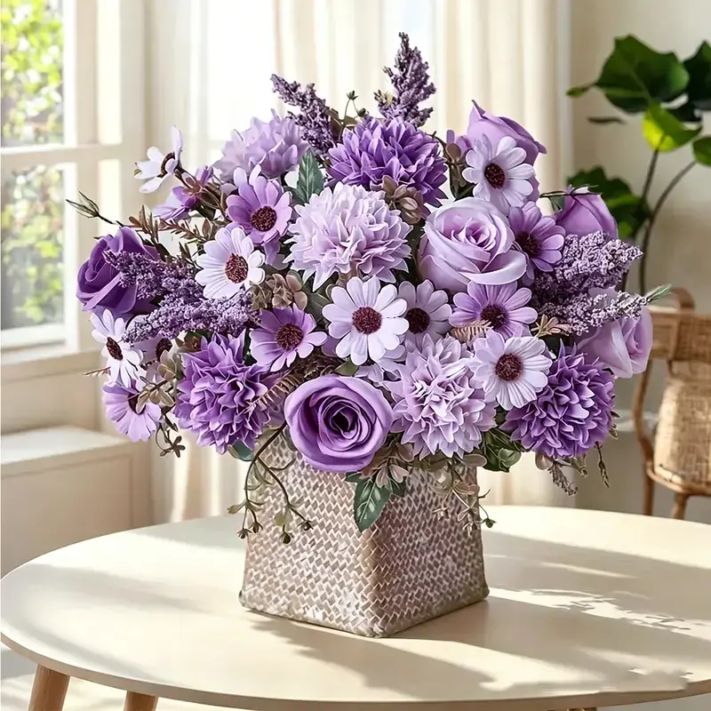 4 Pack Artificial Flowers Like Real Artificial Bouquet Silk Artificial Roses Bouquet with Daisy Chrysanthemum Purple Flowers for Centerpiece Table Wedding Party Home Spring Decor