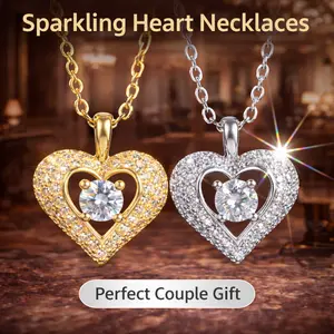 2PCS Luxurious Gold Silvery Heart Zirconia Pendant Necklace Zirconia Elegant Women Wedding Engagement Party Heart Pendant Necklace Charm Jewelry Gift（  Gold + Silver Necklace Set）