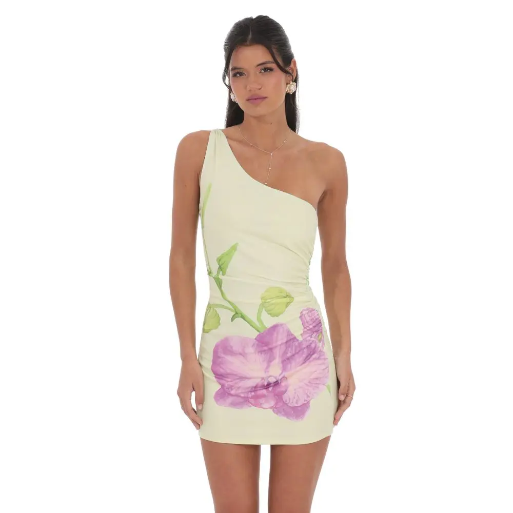 One Shoulder Floral Print Dress in Pastel Green