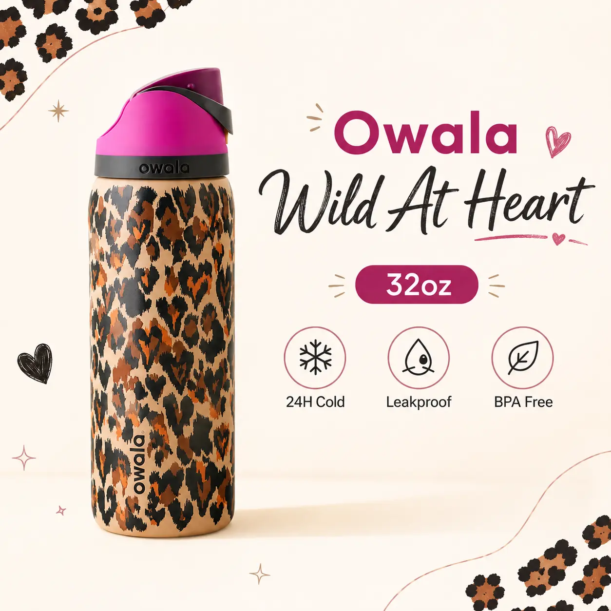 Owala Wild At Heart 32oz FreeSip Water Bottle, Leopard Print Insulated Stainless Steel Bottle