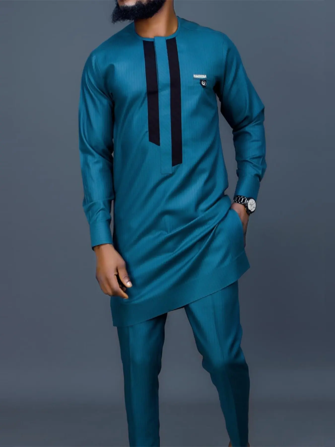 Traditional Cultural Muslim African Style Aesthetics Men's Wedding Suit Set, Round Neck Long Sleeve Top and Pants, 2 Piece Set, Formal Wear, Outfit, Menswear