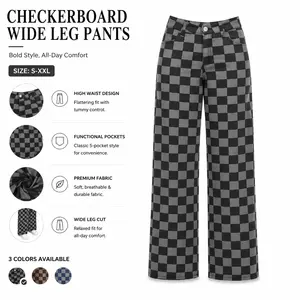 Plaid Wide Leg Jeans for Women - High Waisted Loose Fit Checkerboard Denim Pants, Vintage Print Casual Straight Leg Trousers pocket baggy sweatpants SoftMotion Fitness
