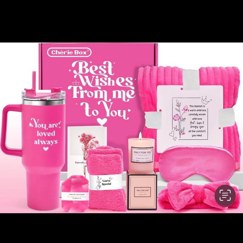 Cherie Box Gift Set for Women - Pink Tumbler, Eye Mask, Blanket, Socks, Candle & Card - Best Wishes & Special Occasions - Cozy & Stylish Gift