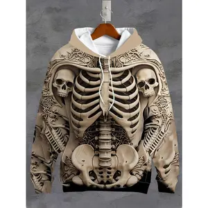 3D Skull Printed Long Sleeve Hoodie — Men’s Casual Hoodie with Pockets, Knitted Polyester Fabric, Stretch Version, Autumn and Winter Collectible Tops Pullover