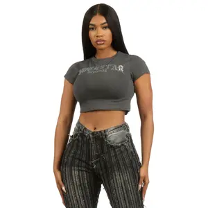 LaNetta Charcoal Rhinestone Crop Baby Tee Shirt
