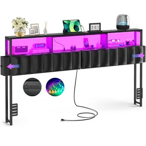 Homieasy King Size Upholstered Headboard with Two Hidden Drawer Storage, King Headboard with Outlet and LED Light, King Size Headboard Only, Black