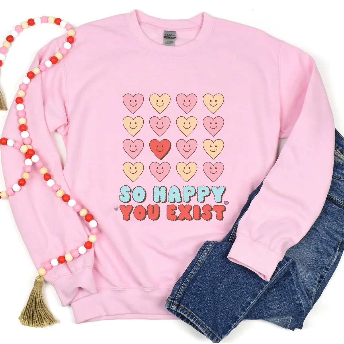 Valentines Day Crewneck Sweatshirt, So Happy You Exist, Love Gift, Heart Print, Relationship Apparel, Romantic Jumper
