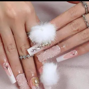 Nail Art - 24 Pieces Long Square/Coffin Press On Nails with Glitter and Gems and French Tip - Nail Care gemstone nails 3d charms coffin nail glitter design