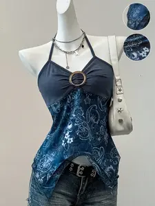 Y2K Women's Summer Halter Neck Off-Shoulder Top, Asymmetrical Hem with Mesh Splicing, Sexy Aesthetic Paisley Printed Casual Shirt for Vacation