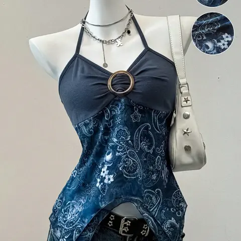 Y2K Women's Summer Halter Neck Off-Shoulder Casual Beach Tank Top Vintage Casual Cami, Asymmetrical Sleeveless Design Hem with Mesh Splicing, Sexy Paisley Printed Chic Shirt for Vacation Top