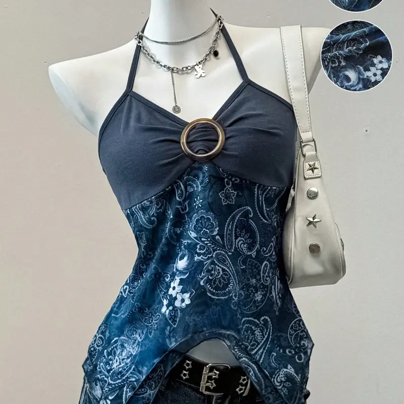 Y2K Women's Summer Halter Neck Off-Shoulder Casual Beach Tank Top Vintage Casual Cami, Asymmetrical Sleeveless Design Hem with Mesh Splicing, Sexy Paisley Printed Chic Shirt for Vacation Top