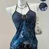 Y2K Women's Summer Halter Neck Off-Shoulder Casual Beach Tank Top Vintage Casual Cami, Asymmetrical Sleeveless Design Hem with Mesh Splicing, Sexy Paisley Printed Chic Shirt for Vacation Top
