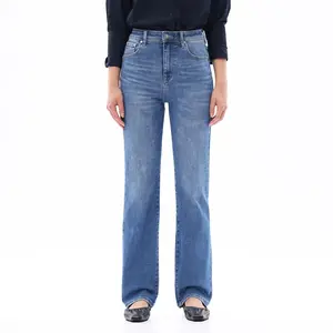 ONESO High Rise Straight Denim Jeans for Women - Fitted Minimalist Design Blue Denim Pants Below the Ankle - All Seasons Fashionable Classic Style