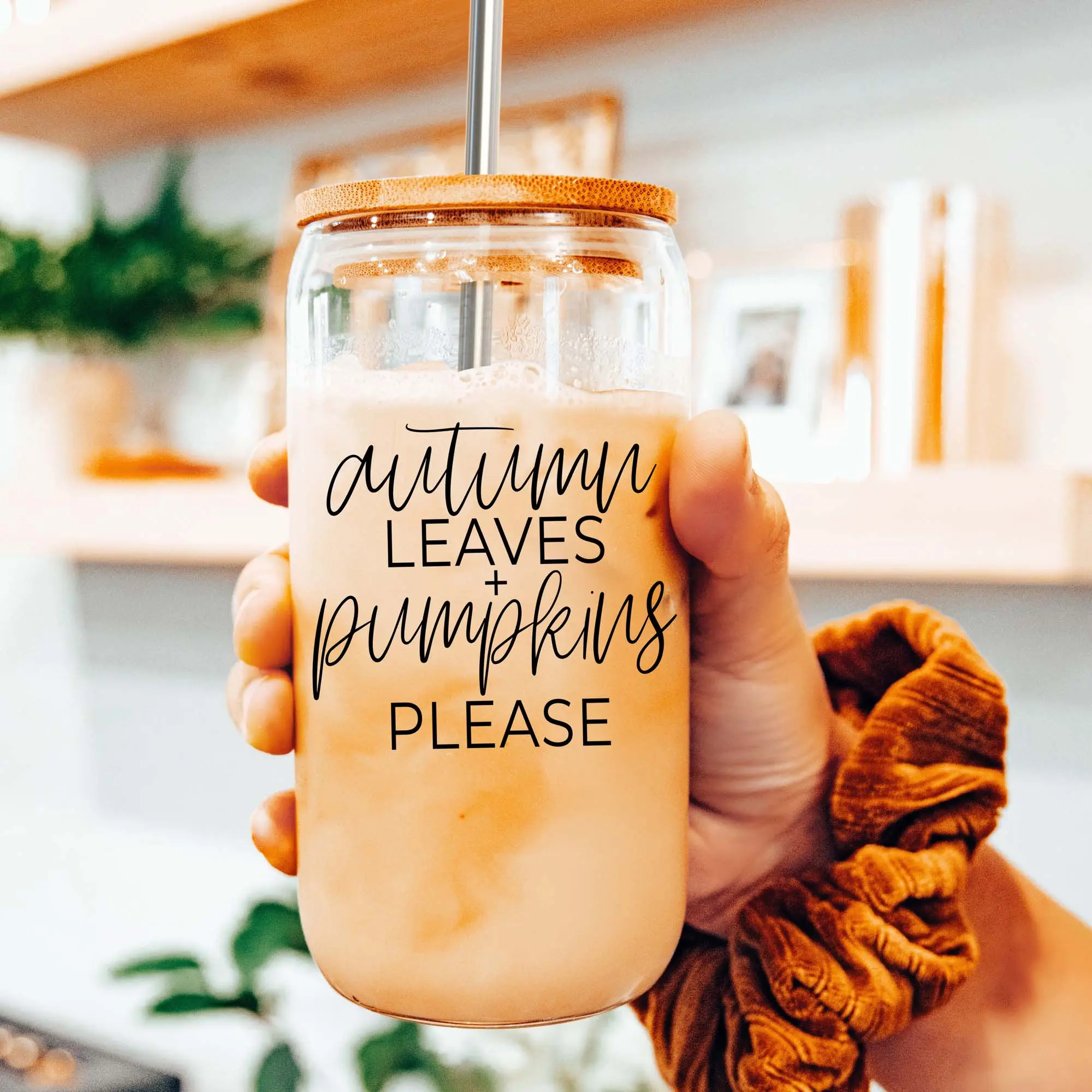 Fall Glass Cups 2024 | Halloween Glass Cup With Bamboo Lids | Fall Glass Mug | Halloween Cup with Straws | Halloween Cup Tumblers | Fall Can Glass Cups For Sale