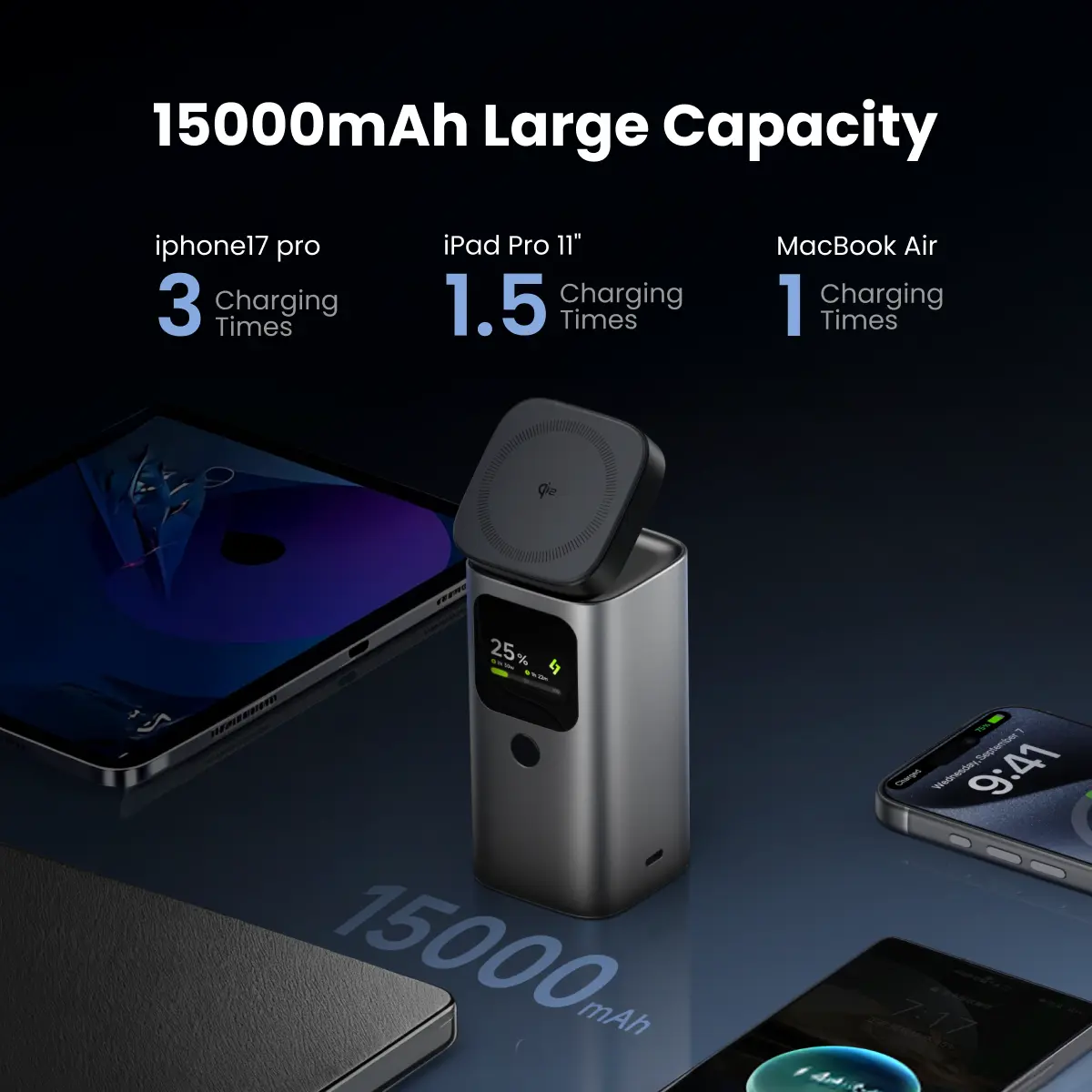 SHARGE StandMag 15000 Power Bank, 100W USB-C Fast Charging, Qi2 Magnetic Wireless Charger, 15000mAh Battery Pack for iPhone & MacBook