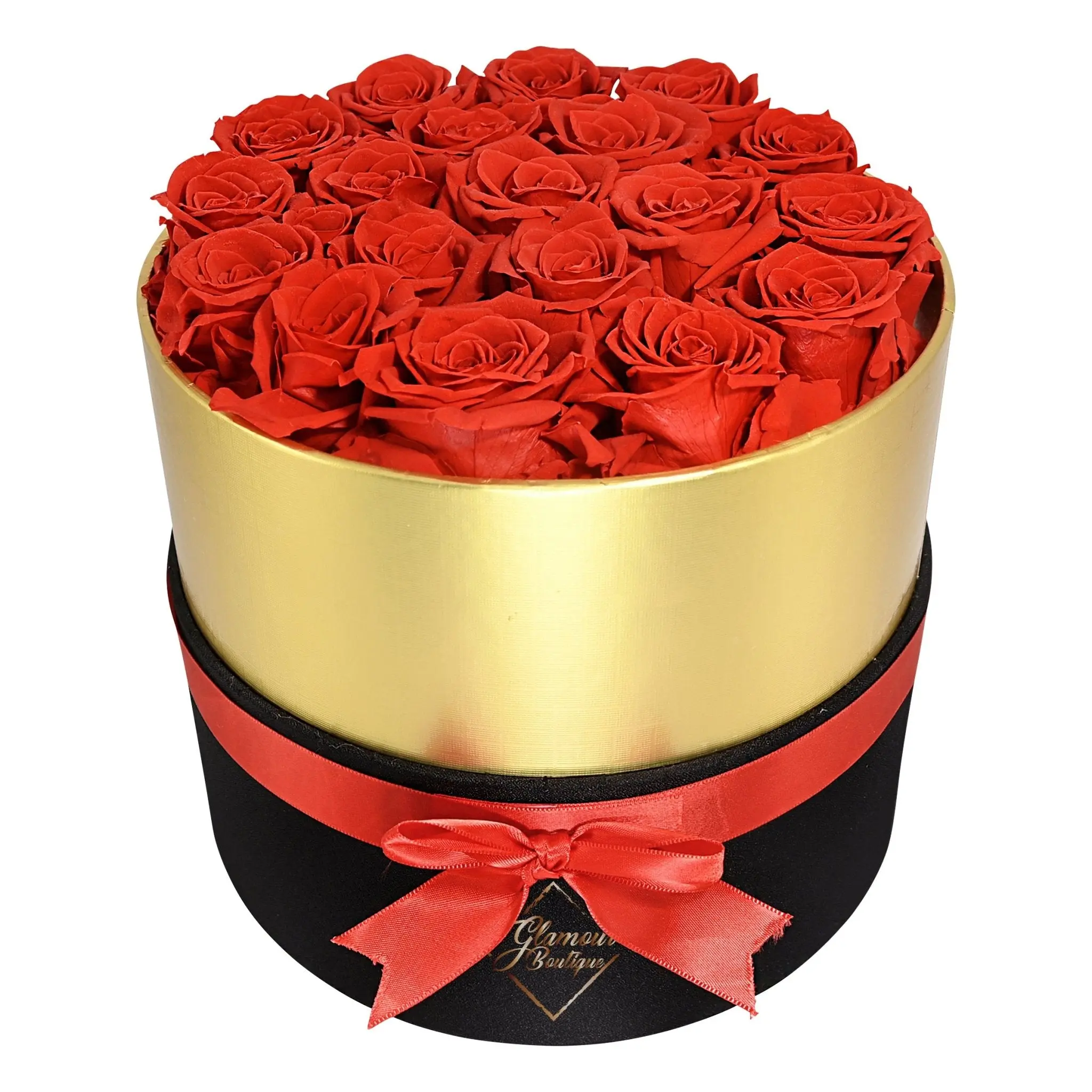 Lasting Beauty Round Black Gold Box | 19 Red Roses Decor Decorative