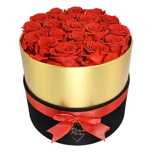 Lasting Beauty Round Black Gold Box | 19 Red Roses Decor Decorative