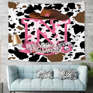 [Digitally Printed Tapestry] 26 Letter Western Cow Print Birthday Tapestry, Pink Cowboy Hat Tapestry, Aesthetic Wall Hanging for Bedroom Decor, Vibrant Digital Printed Fabric Backdrop, Boho Farmhouse Style, Versatile Room Decor for Party or Living Space.
