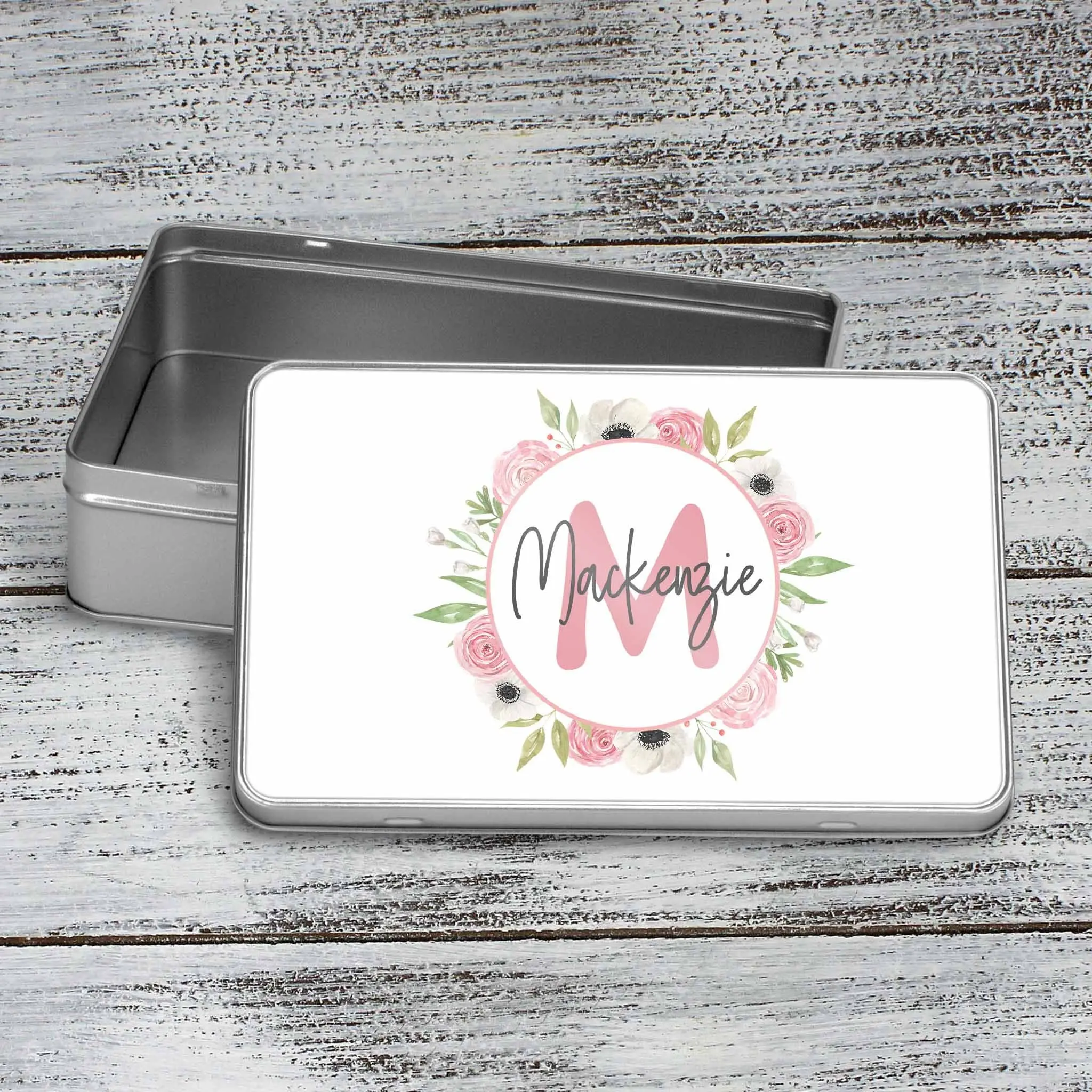 Custom Aluminum Tin | Photo Storage Box | Puzzle Tin | Pink and White Rose Monogram