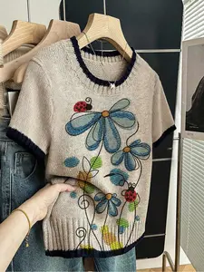 Cartoon Floral Flower Print Round Neck Sweater, Floral Print Pullover, Casual Short Sleeve Knitwear for Spring Summer Fall, Comfortable Warm Women's Clothing