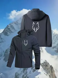 Men's Wolf Head Print Hooded Jacket, Spring Fall Outdoor Windproof Waterproof Casual Coat, Versatile Fashion Outerwear for All Seasons