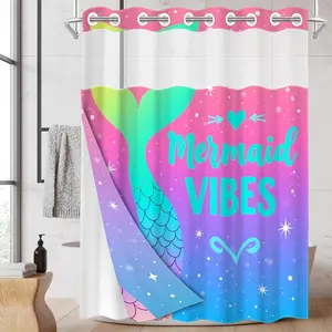 1pc hookless shower curtain with buckle lining, powder blue gradient mermaid tail design, 2D flat printing, fabric waterproof lining, see-through double-layer shower curtain, 71 x 74 inches, modern home draping curtain.