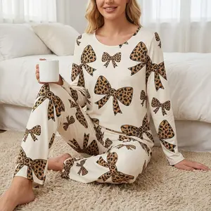 Two-Piece Set Women's Leopard Print Bow Short/Long Sleeve Top & Pants Pajama Set - Cozy Matching Homewear for Fall Winter Season