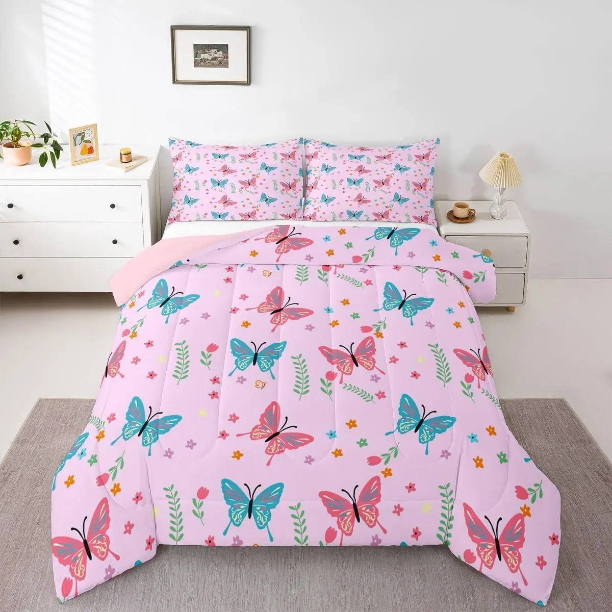Pink Butterfly Comforter Set for Girls Kids Teens Colorful Wildflower Leaves Bedding Set,Garden Room Decor Cottagecore Bed Set,Cartoon Butterflies Floral Quilt All Season