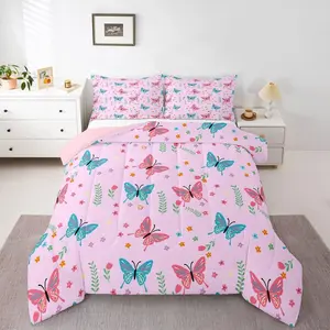 Pink Butterfly Comforter Set for Girls Kids Teens Colorful Wildflower Leaves Bedding Set,Garden Room Decor Cottagecore Bed Set,Cartoon Butterflies Floral Quilt All Season