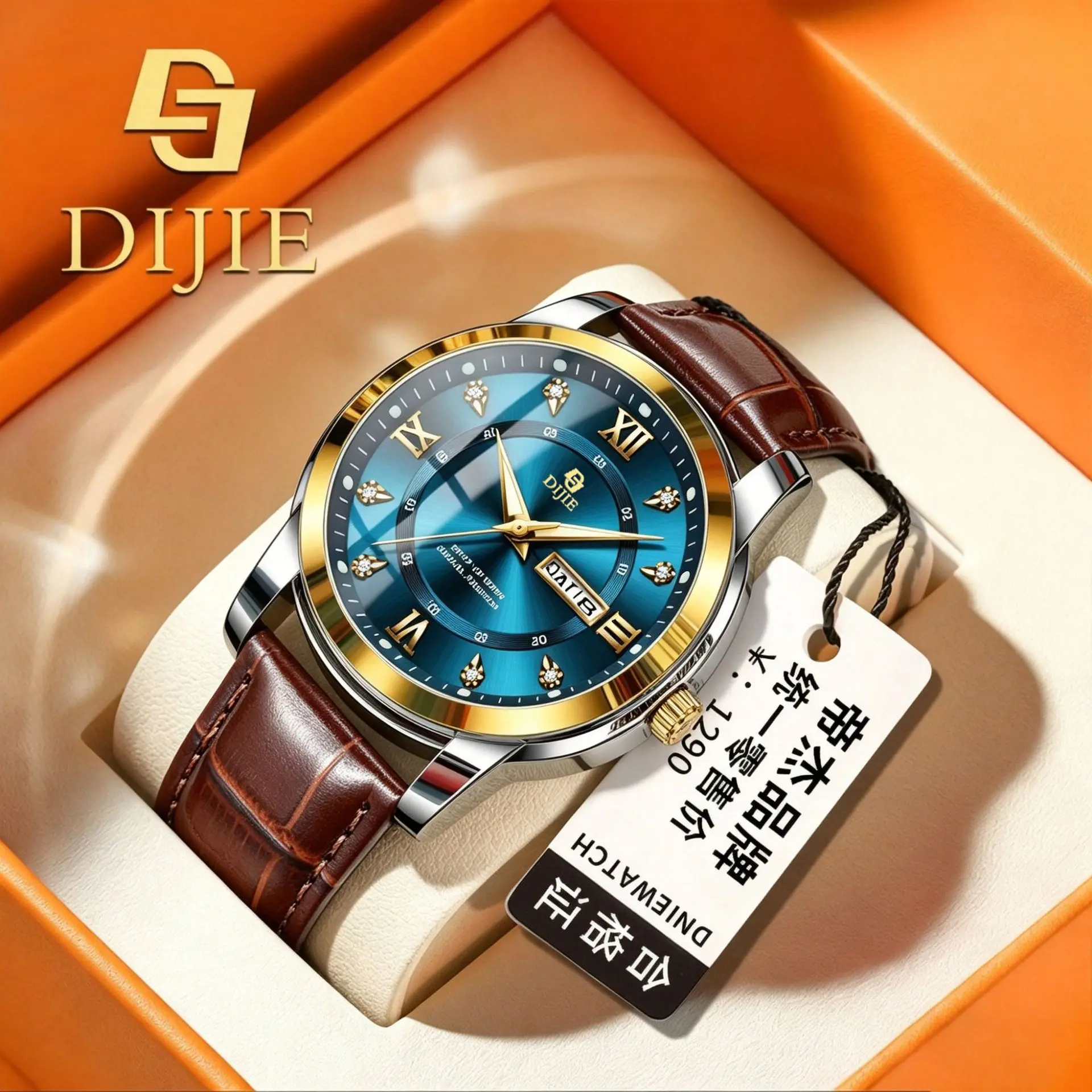 Men's Quartz Analog Wristwatch - 2026 Business Model, Luminous Dial, Photoluminescent Night Light, Water-Resistant, Dual Calendar, Fully Automatic, Elegant Style, Diamond Embellished, New Leather Strap (Business Quartz Watches)