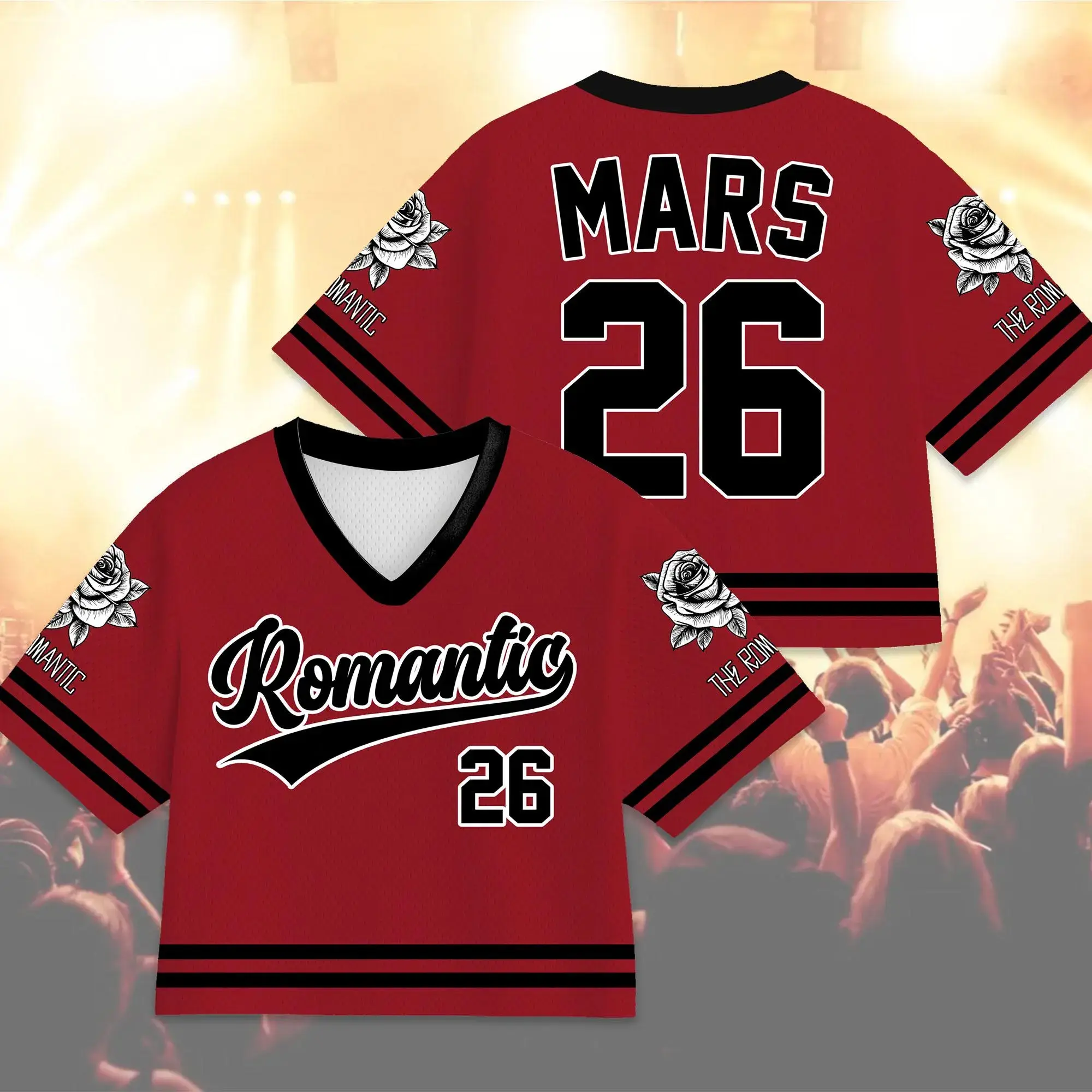 Women's Romantic Mars 26 Rose Graphic Crop Football Jersey - Full Mesh V-Neck Music Concert Tour Fashion Gift
