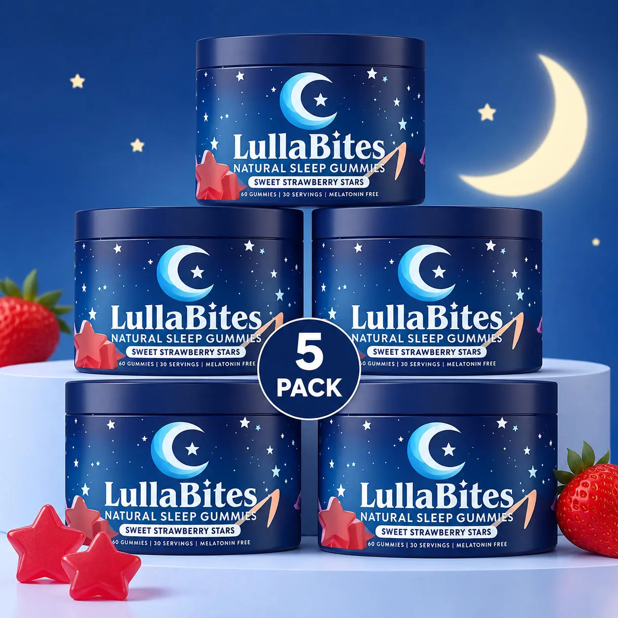 LullaBites Natural Sleep Gummies, Melatonin-Free Sleep Aid, Sweet Strawberry Star-Shaped Soft Chews, Non-Habit Forming Calm Support for Restful Nights, 30 Servings