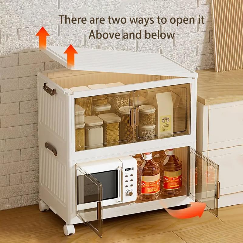 Stackable plastic storage boxes with transparent doors, durable foldable design, suitable for kitchen and home organization, multi-purpose folding cabinet boxes, kitchen storage boxes and storage cabinets.