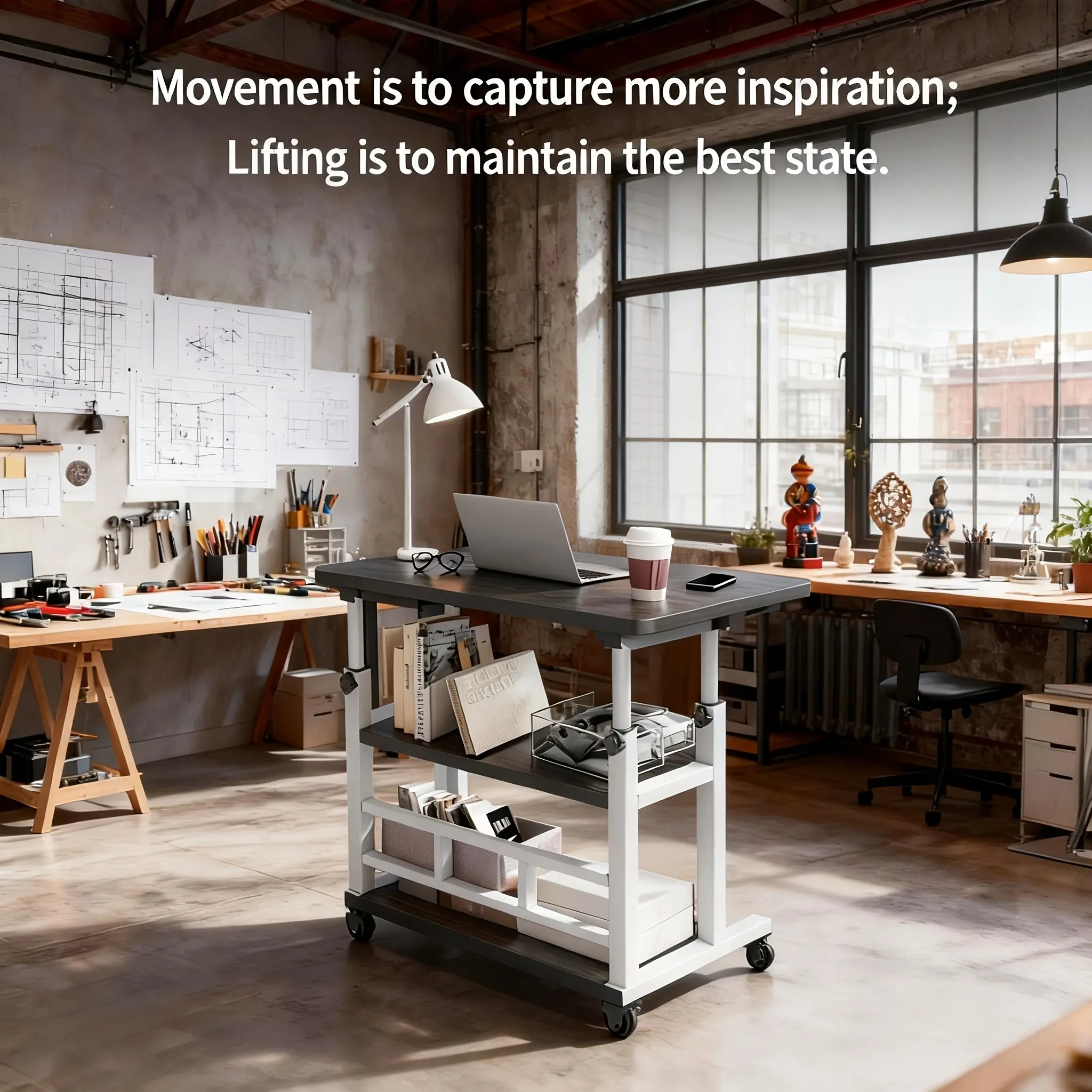 Mobile Desk, Portable Laptop Desk with Wheels, Height Adjustable Standing Desk, Multi-Purpose Rolling Side Desk for Bed, Sofa, Study Room, Craft Workstation, Home Office