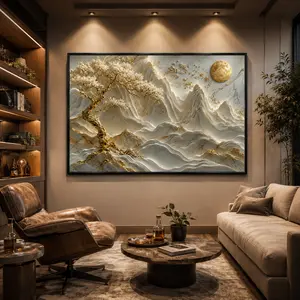Luxury Gold Tree Canvas Wall Art, Elegant 3D Textured Mountain Landscape Painting, Modern Neutral Beige and White Canvas Print for Living Room Bedroom Office Decor, Large Framed Nature Artwork, Japandi Zen Inspired Home Decoration Gift Idea for Housewarmi