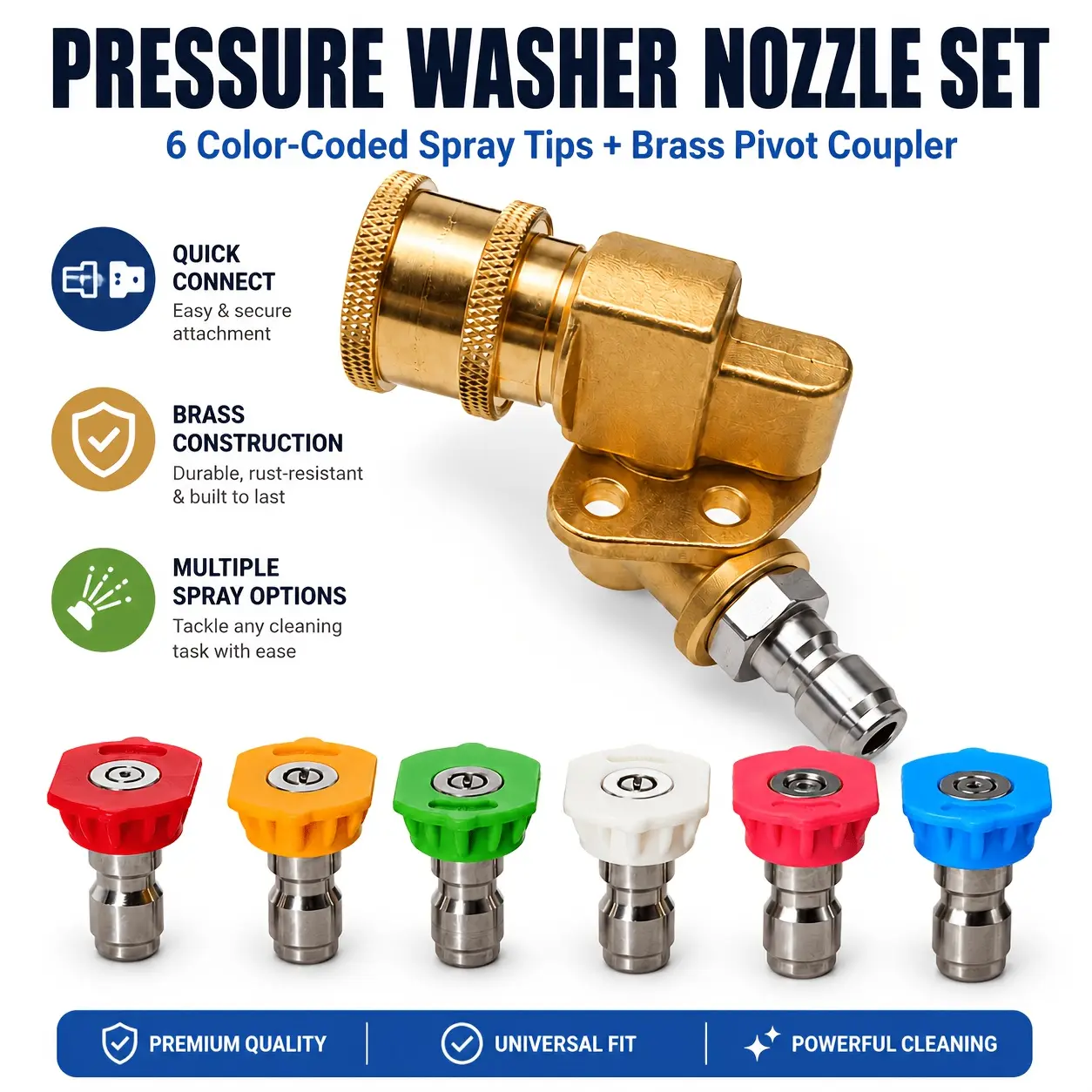 7-Piece Brass Pressure Washer Swivel Connector Set with 6 Tips + Coupler, Quick Connect Adapter Kit for Gun & Hose, Adjustable Angle Metal Parts for Car Washing & Exterior Clean